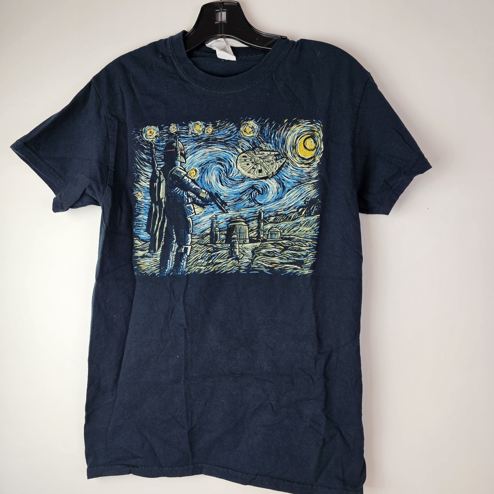 Star Wars Boba Fett Starry Night Youth Boys T-Shirt Small Navy Blue Cotton SS